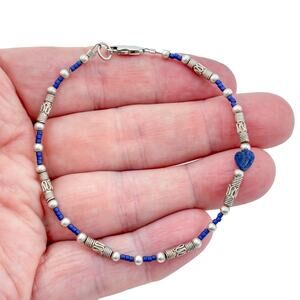 Vintage Sterling Silver 925 Lapis Lazuli Heart Beaded Bracelet 8"